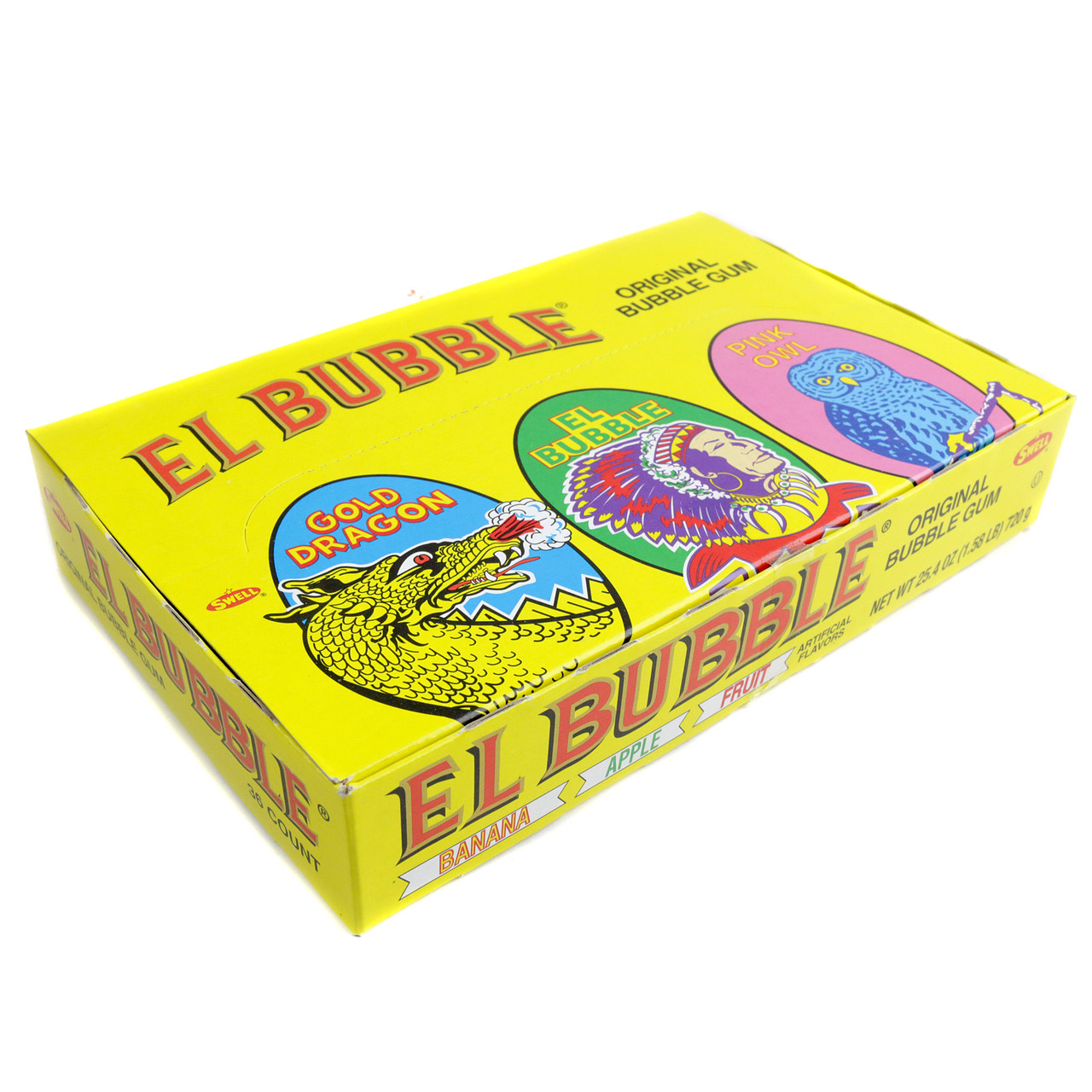 Bubble Gum Cigars, 36 count box. Yellow banana, light green apple, pink fruit, blue boy, pink girl flavors.