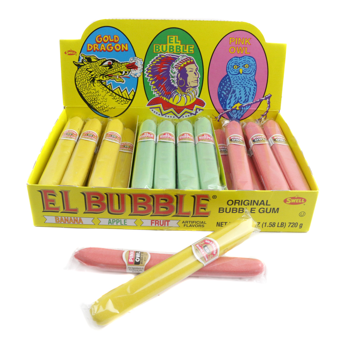 36 El Bubble Bubble Gum Cigars. Assorted bright yellow, light green, pink, and blue bubblegum cigars. 1950s candy.