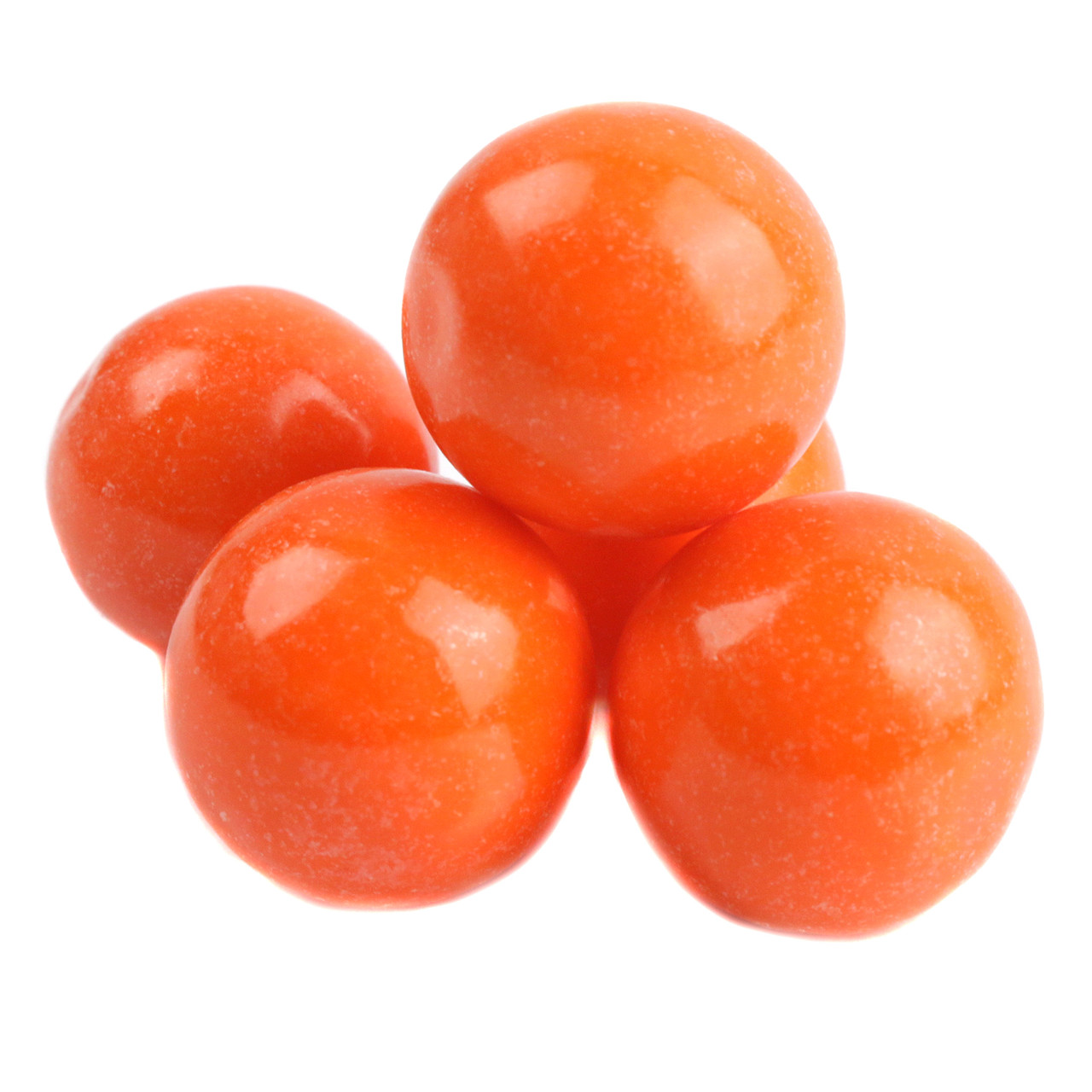 Bright orange gumballs, 1-inch diameter, with a sweet orange flavor. Approximately 60 bulk orange gumballs per pound.