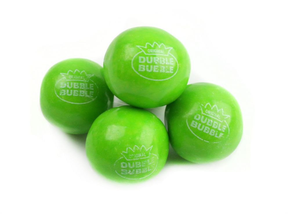 Dubble Bubble Green Apple Gumballs, shiny green 1-inch chewy candies, approximately 60 gumballs per pound.
