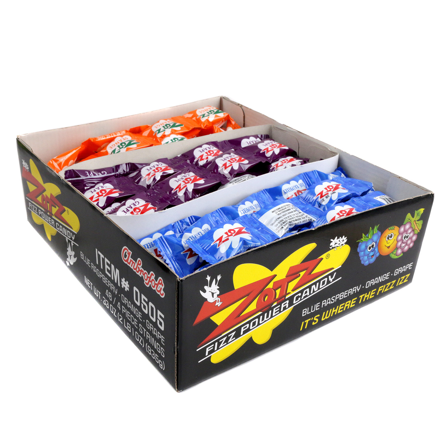 Zotz Candy Grape Blue Raspberry Orange 48 Piece Bulk Fizzing Hard