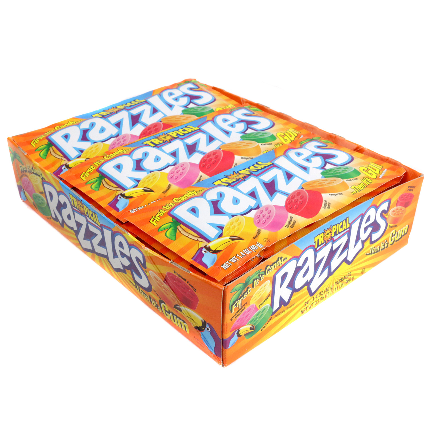Razzles Candy Tropical 24 Piece Fruit Flavored Chewy Gum Novelty