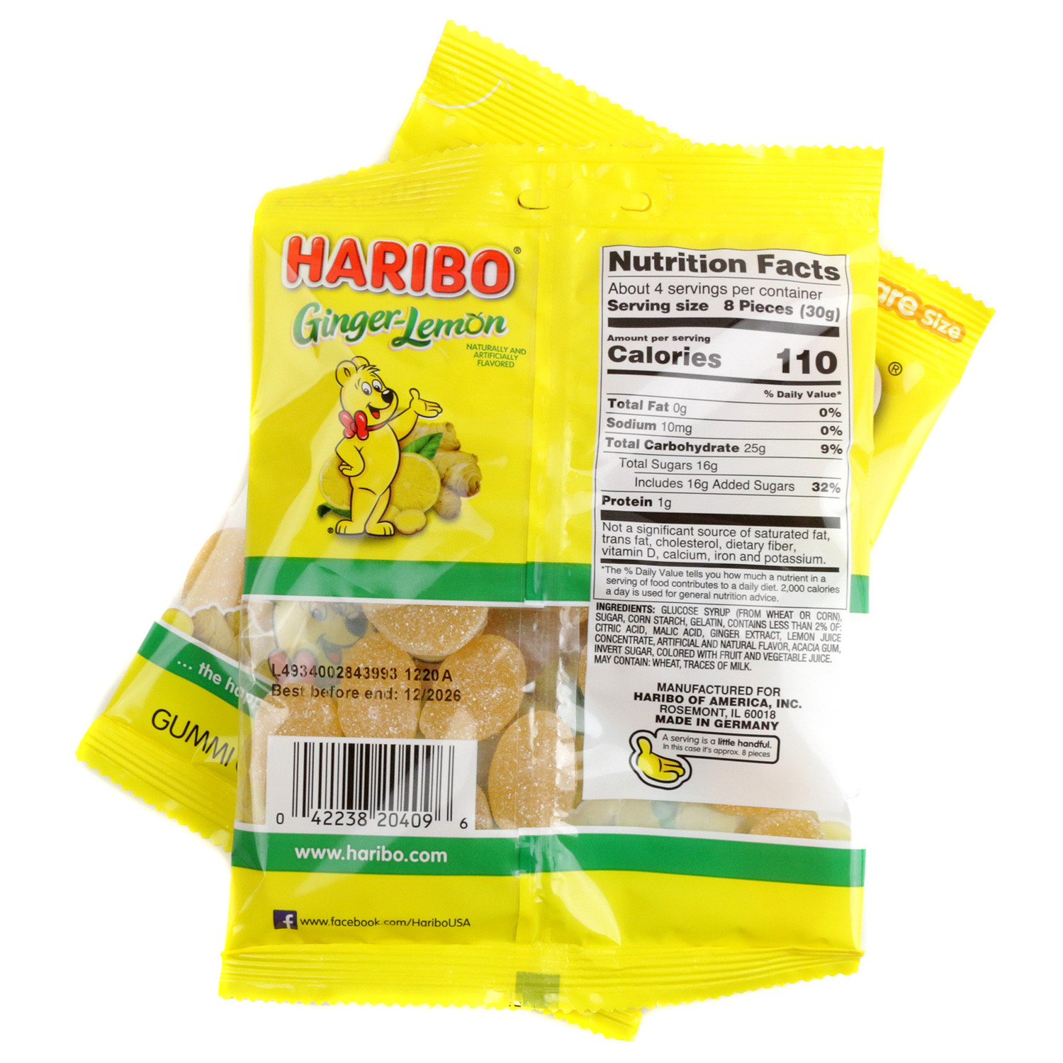Haribo Ginger Lemon Gummies 4oz Bag Tangy Sour Gummy Candy