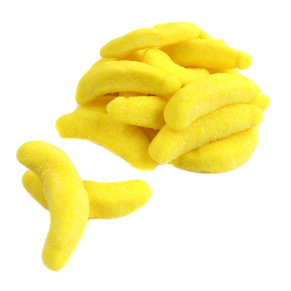 Bright yellow, sugar-coated gummy bananas, approx. 2 inches long, 80 per pound, sweet banana candy.