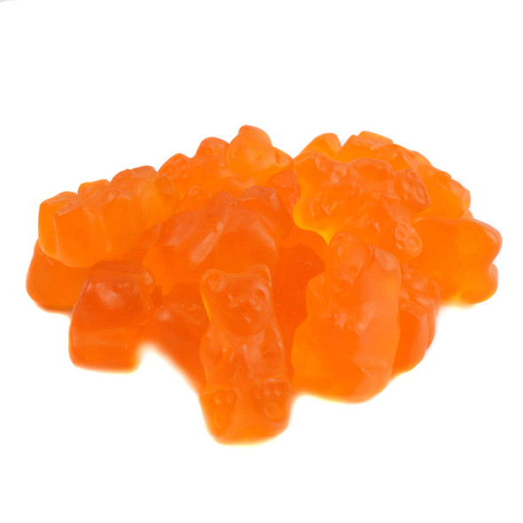 Bright orange Albanese gummy bears, citrus orange flavor. Approximately 145 bears per pound, 1 inch long, Made in USA.