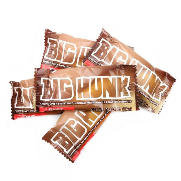 Brown and off-white mini Big Hunk candy bars, individually wrapped. Chewy honey nougat, whole roasted peanuts. 28 per pound.