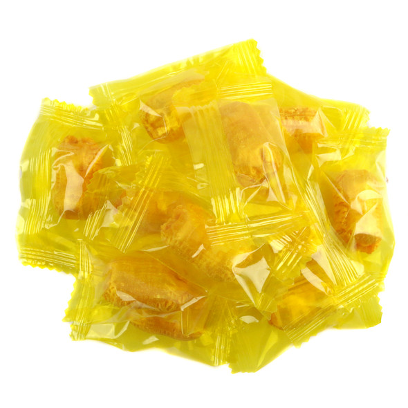 Honeycombed Peanuts. Buttery yellow shell, creamy peanut butter center. 1 inch candies, approximately 90 per pound.
