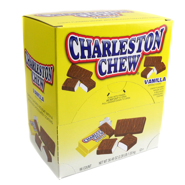 96 Charleston Chew Change Maker vanilla nougat candy bars, chocolate coated, in iconic yellow wrappers.