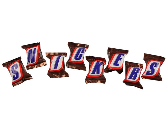 Many Snickers Mini bite-sized candy bars, milk chocolate covered, with golden caramel, white nougat, and peanuts