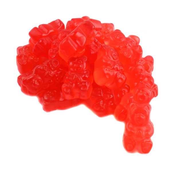 Bright red 1-inch strawberry gummy bears. Delicious fruit flavored bulk candy, approximately 145 pieces per pound.