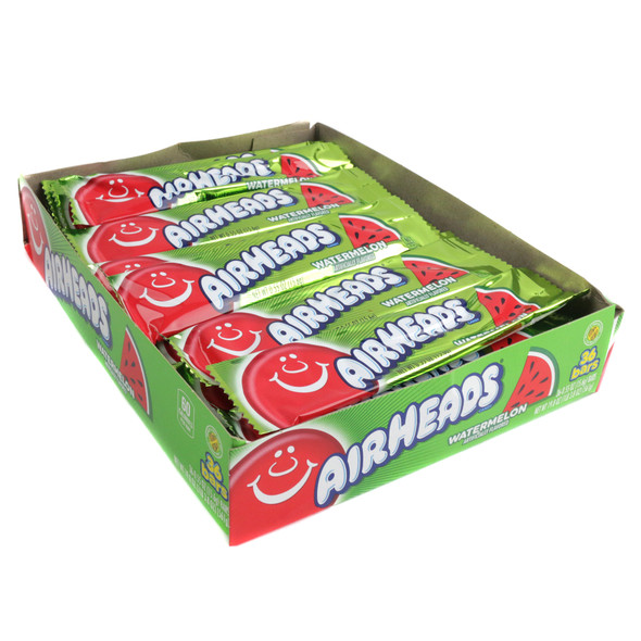 Airheads Watermelon 36 Piece chewy candy, individually wrapped in vibrant green wrappers.
