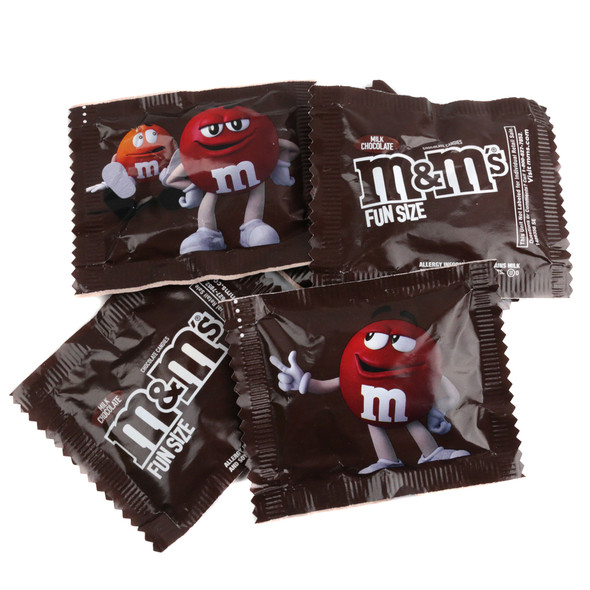 Colorful M&Ms Milk Chocolate Fun Size mini packs, approximately 32 individual bags, ideal for treats.