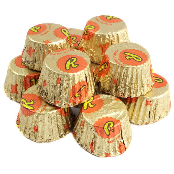 Reese's Mini Peanut Butter Cups, bite-sized milk chocolate with creamy peanut butter, wrapped in golden foil, approx 48 per pound.