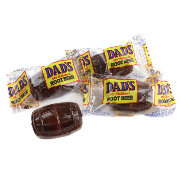 Dad's Root Beer Barrels hard candy, small brown 1-inch barrel-shaped candies, approximately 60 per pound.