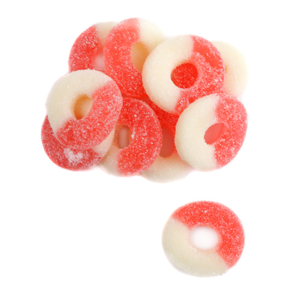 Vibrant red, sugar-covered Gummy Watermelon Rings, approximately 75 per pound, USA made candy.