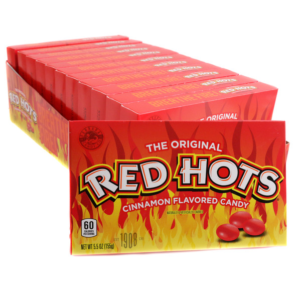 12-pack of 5.5oz Red Hots, spicy red cinnamon chewy candies in movie theater boxes.