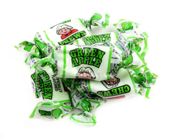 Albert's Green Apple Chews, 240 vibrant green mini chewy pieces, tart apple flavor.