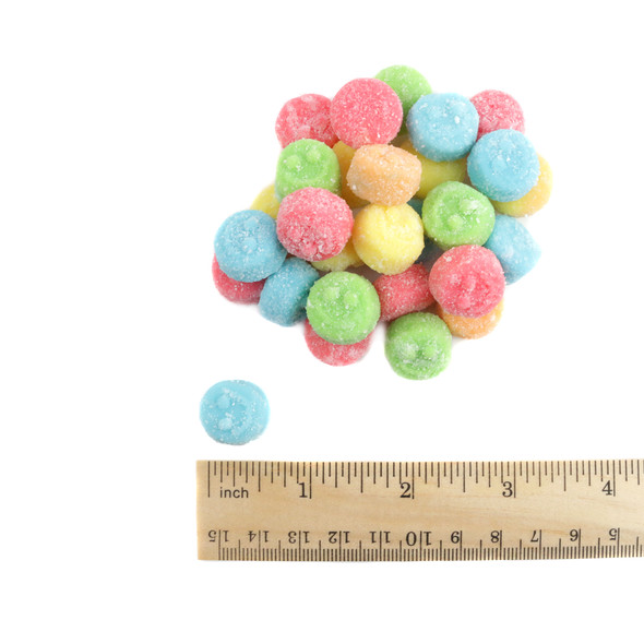 Albanese Gummy Sour Poppers, vibrant rainbow colors, blue, lemon, orange, cherry, green apple. One pound, approx 165 pieces.