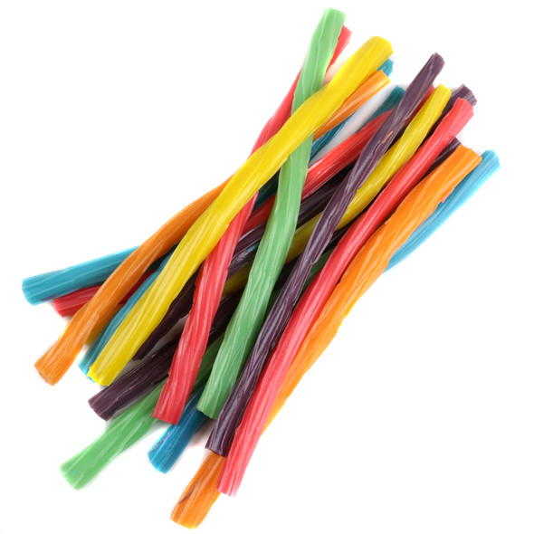 Rainbow Twizzlers licorice candy. Pink, orange, yellow, green, blue, purple fruit flavors. Approx. 40 pieces per pound.