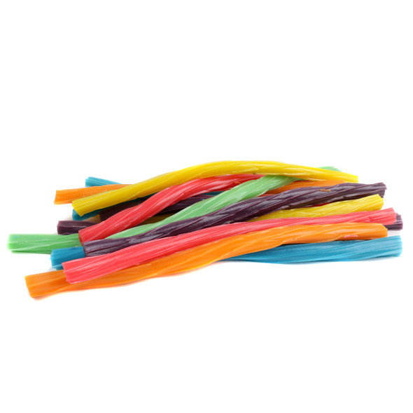 Twizzlers Rainbow licorice candy. Approx 40 pink, orange, yellow, green, blue, purple pieces per pound.