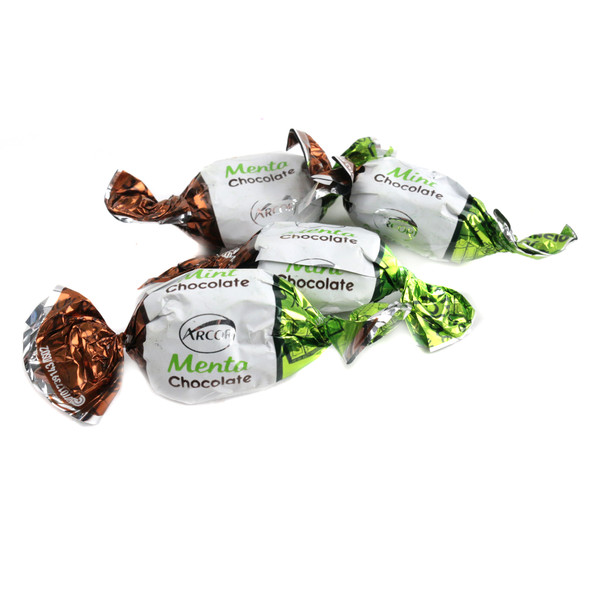 Green, white twisted mint hard candies, approx 54 per lb, with creamy brown chocolate filling.