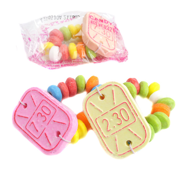 Assorted colorful candy watches, individually wrapped, approx 35 pieces per pound.
