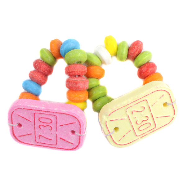 Individually wrapped colorful candy watches, approx 35 pieces per pound. Fun novelty birthday party candy.