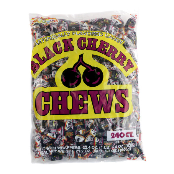 Albert's Black Cherry Chews, 240 small, individually wrapped black chewy candies in a bag.