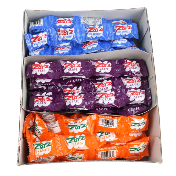Zotz candy, 48 pieces. Colorful purple grape, blue raspberry, and orange hard candy, individually wrapped.