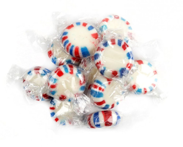 Patriotic red, white, blue starlight mints, individually wrapped, peppermint candy, 90 pieces per pound.