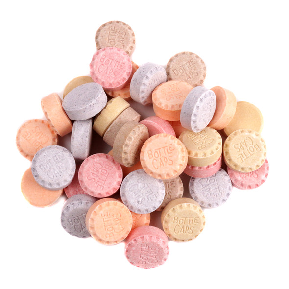 Colorful Bottle Caps hard candies, classic soda pop flavors like cola, cherry, grape, orange, root beer. Approx. 365 pieces.