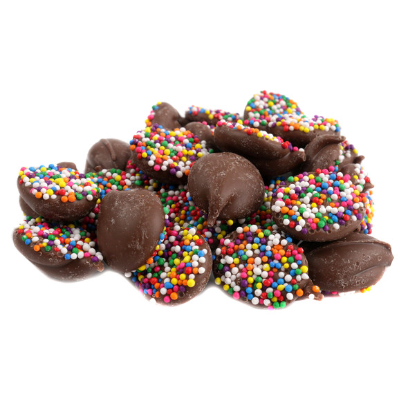 Ashers Milk Chocolate Nonpareils, bright multi-color seeds, delicious dollops, approx 91 pieces per pound, USA made.