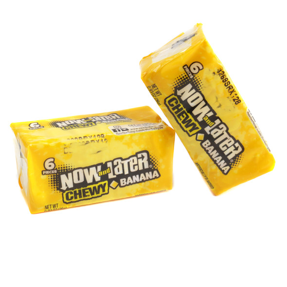 Now and Later Chewy Banana candy, bright yellow taffy, 24 packs, 6 pieces each.