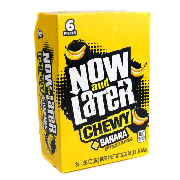 Now and Later Chewy Banana candy, 24 bright yellow packs, individually wrapped taffy, 6 pieces per pack.