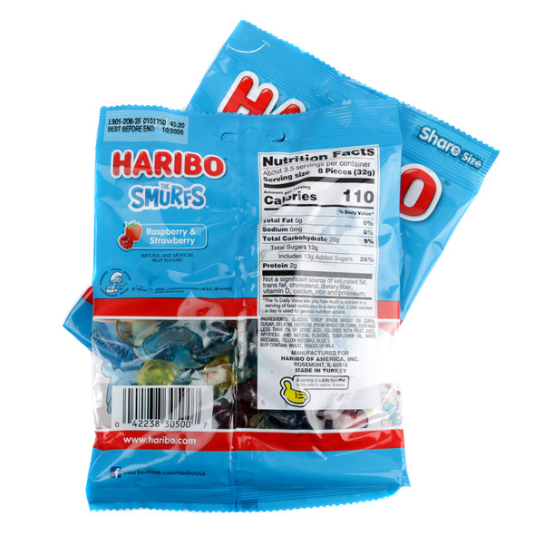Haribo Smurfs gummies, vibrant blue, blue raspberry flavor, 4oz bag, soft chewy candy.