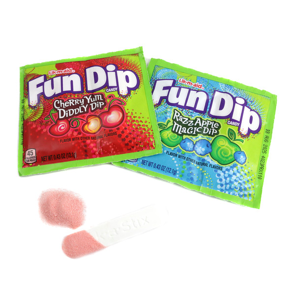 48 Fun Dip packs, Cherry Yum Diddly Dip, Razz Apple Magic Dip. Vibrant red & blue nostalgic Wonka candy.