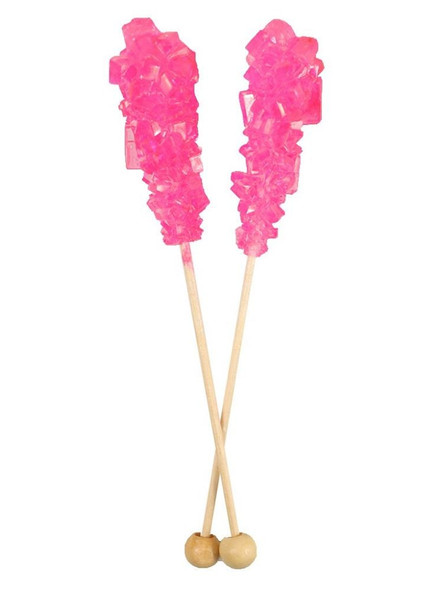 36 vibrant pink cherry rock candy sticks, individually wrapped. Made in USA.