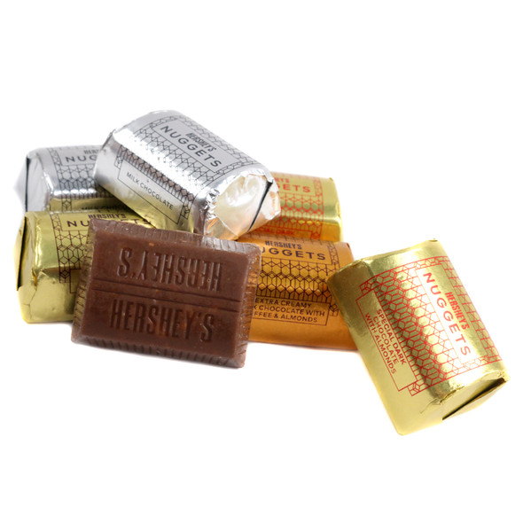 Hershey's Nuggets, assorted milk and dark chocolates, almond and toffee, gold and silver foil-wrapped, approx 43 per pound.