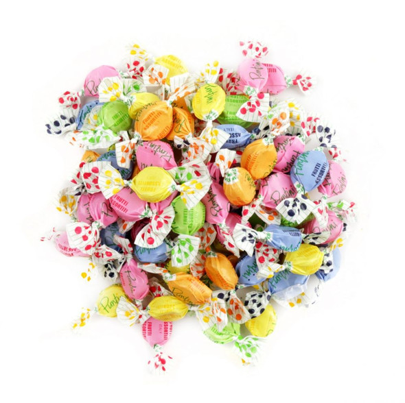Small, colorful Chipurnoi Puntini Assorted fruit jujubes. Pastel rainbow mix of blackberry, strawberry, green apple, orange, lemon.