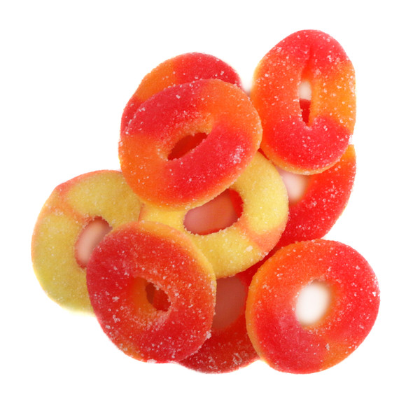 Trolli Peach Rings, 64 chewy peach-flavored gummy rings, dusted with white sanding sugar. Sweet, fruity candy.