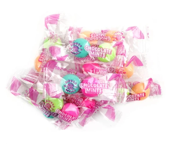 Wrapped gourmet chocolate mints, pastel colors, two mints per wrapper, approximately 140 pieces per pound bulk.