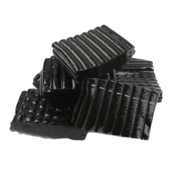 One pound bag of soft, chewy black licorice candy. Dark black tire track shaped pieces, non-GMO.
