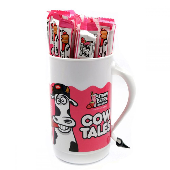 100 pink and white Strawberry Cow Tales chewy candies, individually wrapped, plus a matching collectible tumbler.