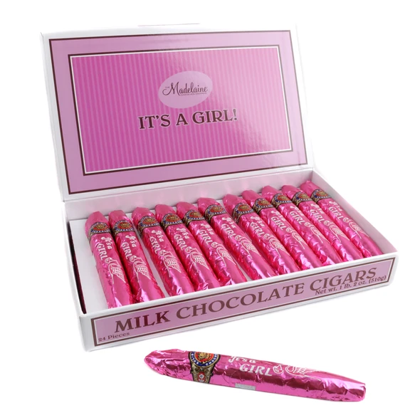 24 pink chocolate cigars, individually wrapped .75 ounce candy. Elegant baby girl shower or gender reveal favors.