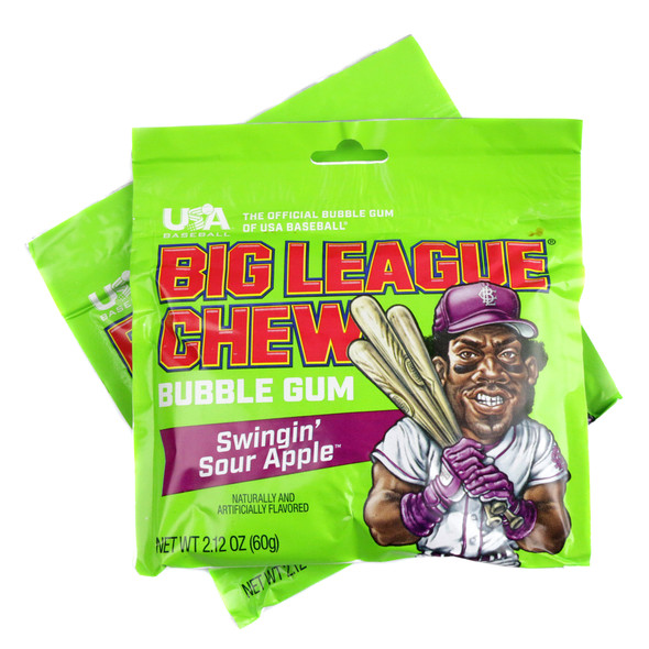 Big League Chew Swingin Sour Apple shredded bubble gum pack, vibrant green, tangy sour apple flavor.