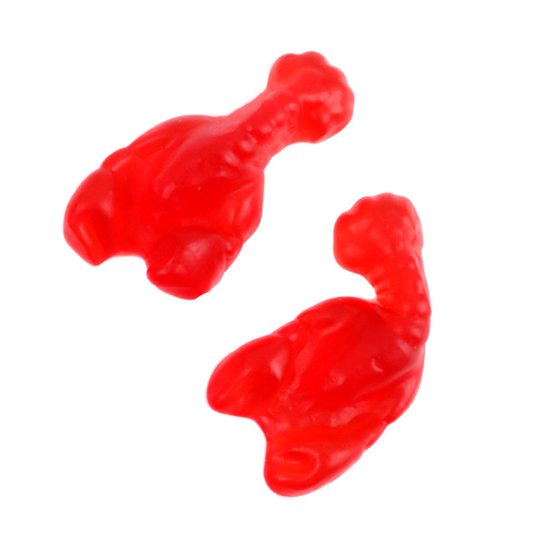 Red cherry flavored gummy lobsters, approx. 50 candies per pound, shaped like realistic lobsters.