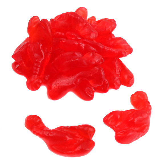 Vibrant red cherry-flavored gummy lobsters, chewy candy perfect for beach themes, delicious bulk treats.