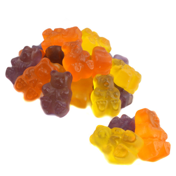 Halloween Gummy Bears, traditional orange, purple, mango yellow colors. Cute little grape, orange, mango flavored bears.