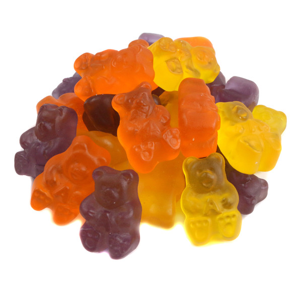 Halloween Gummy Bears, traditional purple grape, orange, and mango colors. Assorted cute little gummy bears.