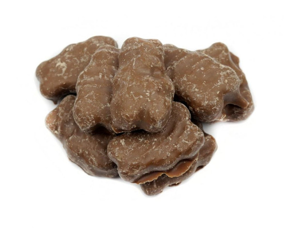 Assorted orange, red, white, yellow chewy gummy bears, drenched in creamy milk chocolate, USA made.
